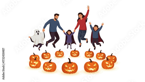 Spooky Family Halloween Celebration: An illustration of a family, dressed in fun Halloween costumes, happily jumping around illuminated jack-o'-lanterns, ready for trick or treat. 