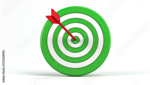 A green and white dartboard with a red arrow hitting the center bullseye, set against a plain white background.  The image is clean and simple, focusing on the concept of accuracy and success