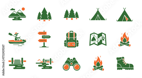 Camping and outdoor adventure icons in green and orange color scheme