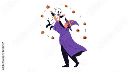 Halloween Wizard and Ghost: A vibrant illustration of a wizard and ghost set against a backdrop of pumpkins. Evoking the playful essence of the holiday and adding a dash of whimsical spirit.