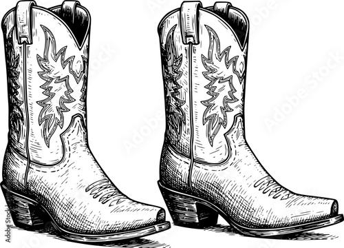 Detailed illustration of classic cowboy boots in black and white sketch style. Vector illustration
