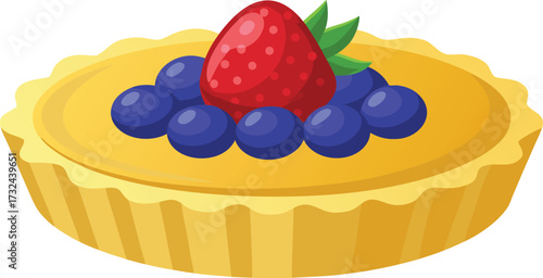 Delicious fruit tart with fresh strawberries and blueberries on a yellow crust