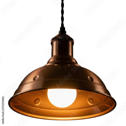 Vintage industrial pendant light fixture with warm edison bulb illumination isolated on transparent background