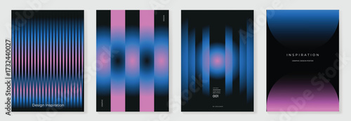 Modern gradient poster on dark background vector set. Minimalist cover template with vibrant perspective geometric prism shapes in motion. Ideal design for social media, cover, banner, flyer.