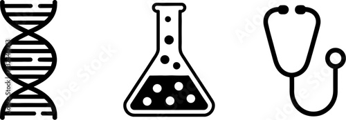 Icons representing science, medicine, and research: DNA, laboratory flask, and stethoscope.