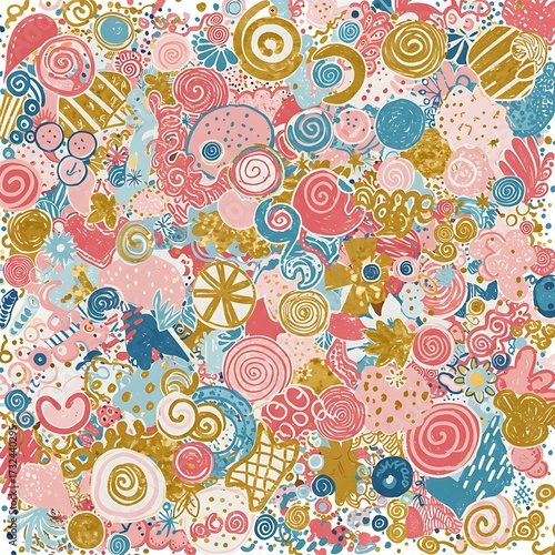 Whimsical Abstract Pattern of Swirls, Hearts, and Dots in Pastel and Gold