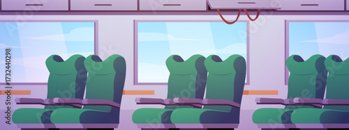 Train interior with green seats and windows, passenger transport railway cabin with chairs vector flat illustration