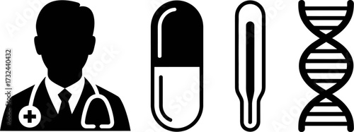 Medical icons representing doctor, capsule, thermometer, and DNA helix for healthcare and science concepts