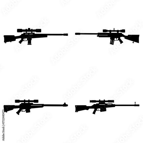 Four black silhouette sniper rifles with scopes arranged in a two by two grid on a white background