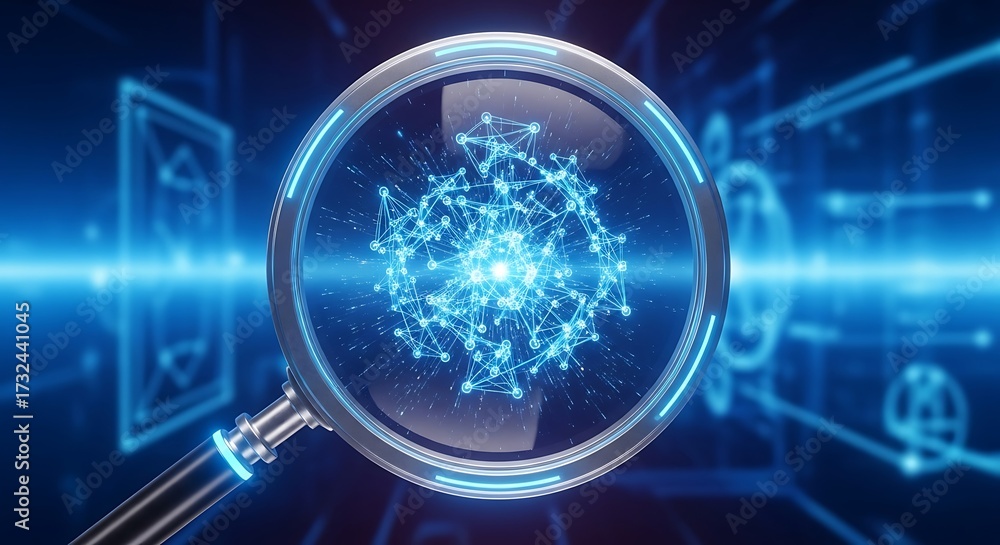 Obraz premium Magnifying glass examining a complex digital network structure representing data and connections