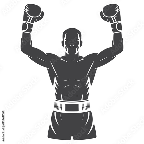 Champion athlete silhouette lifting fists overhead in boxing victory vector illustration
