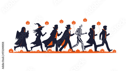 Halloween Parade: A spirited parade of classic Halloween figures, including a ghost, witch, vampire, and skeleton, marches forward with a playful energy amidst pumpkins. 