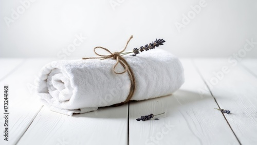 Tranquil Spa Still Life: Rolled Towel with Lavender on White Wood
