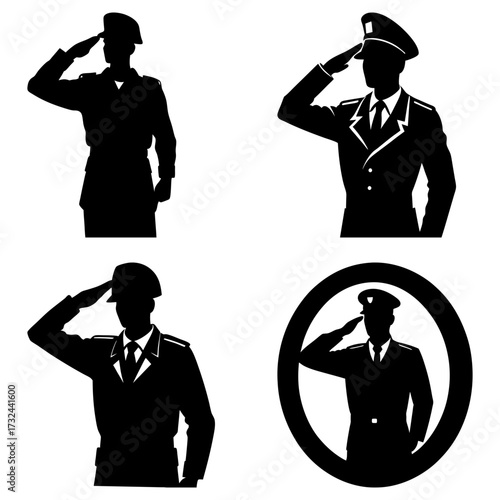 Four black silhouettes of military officers in uniform saluting on a white background in various poses