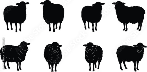 Sheep silhouettes, farm animals, livestock illustration, wool texture design, vector art, wildlife concept, stock image, creative pattern, rural nature, agricultural artwork