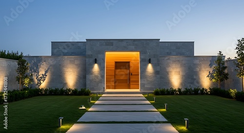 Modern Minimalist House Exterior with Lit Pathway and Green Lawn at Dusk