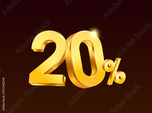 3d 20% or 20 percent rendered in yellow golden style, vector illustration. 20 percent icon in 3d vector. Vector illustration