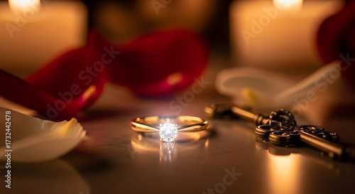 Elegant Gold Ring with Sparkling Diamond Surrounded by Red Roses and Gold Keys