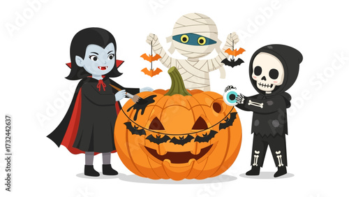 Halloween Trio Decorating Pumpkin: A cute vampire, mummy, and skeleton, each dressed for the season, are working on a smiling carved pumpkin