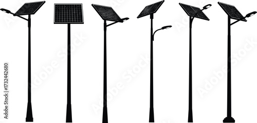 Solar streetlight silhouette set, LED lamp pole designs, renewable energy infrastructure icons, black vector collection, sustainable urban lighting elements
