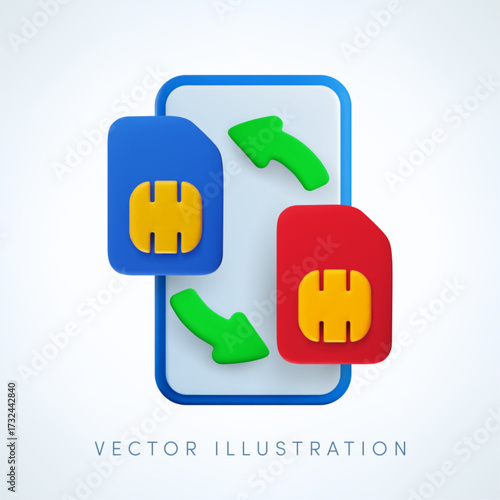 Vector cartoon 3d Change SIM cards banner. 3d render of blue and black SIM card with transfer arrows, smartphone screen. Transferring phone number symbol, switch between two SIM card slots concept.