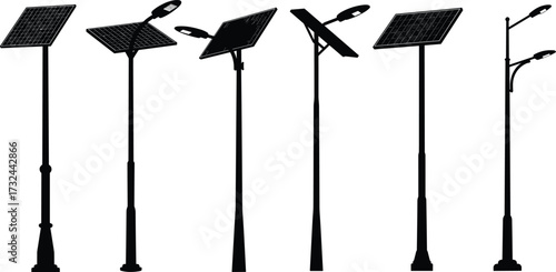 Solar streetlight silhouette set, LED lighting pole designs, sustainable urban infrastructure icons, black vector collection, renewable energy elements