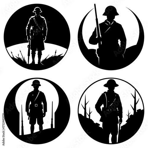 Four circular black and white silhouettes depicting soldiers with rifles in various war settings scenes