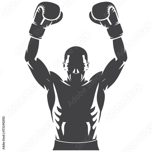 Boxer silhouette standing with both arms raised in winning celebration vector art