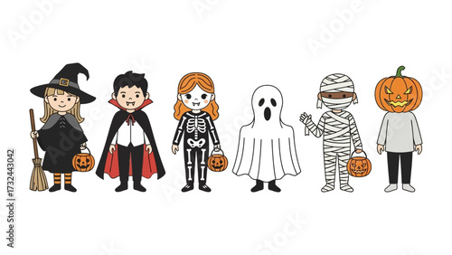 Halloween Characters Lineup: A collection of adorable, diverse characters ready for Halloween, featuring a witch, vampire, skeleton, ghost, mummy, and a pumpkin head in vibrant costumes.