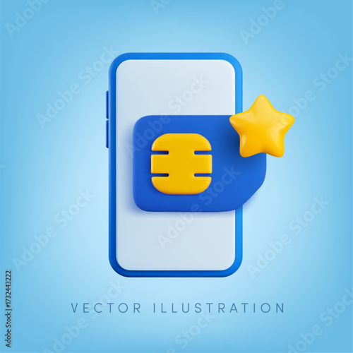Vector cartoon 3d favorite Sim card banner. Realistic 3d render blue mobile phone gsm SIM card with gold star sign on smartphone screen. Communication technology, gsm network eSIM, 4G, 5G concept.