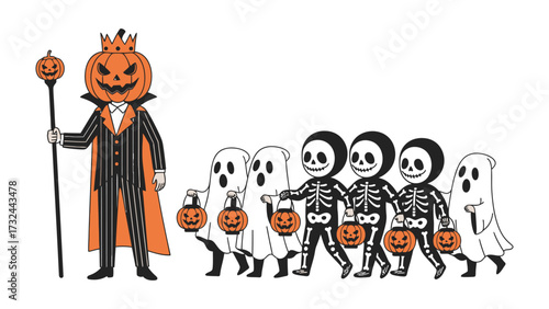 Принти на полотні Halloween March: A whimsical illustration capturing a parade of Halloween characters, led by a pumpkin-headed figure