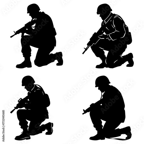 Silhouette depictions of soldiers kneeling with rifles in a black and white vector illustration style image