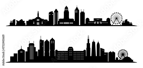 City skylines silhouette depicting urban architecture and iconic landmarks with Ferris wheel elements