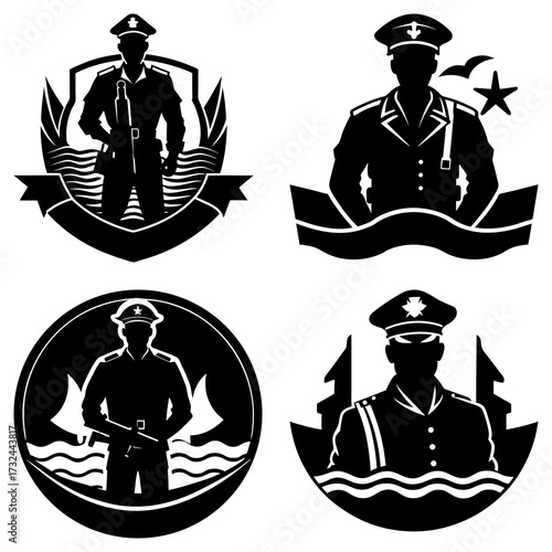 Four black and white silhouette military police emblems with various design elements and different shapes