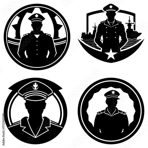 Four black and white emblems featuring uniformed figures ships and stars in various circular designs