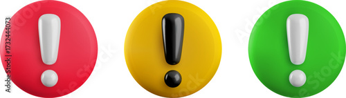 Vector cartoon 3d exclamation mark sign set. 3d Render of red round, yellow, green attention sign. Plastic warning symbol, caution notification icon for infographic, web, app, design, game.
