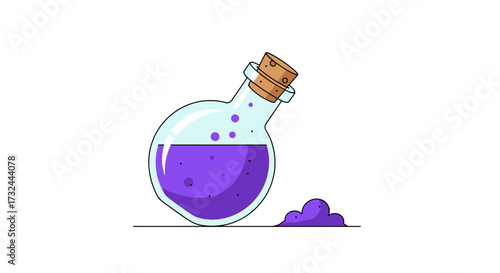 A round glass bottle with a cork stopper filled with purple liquid and some spilled on the surface.