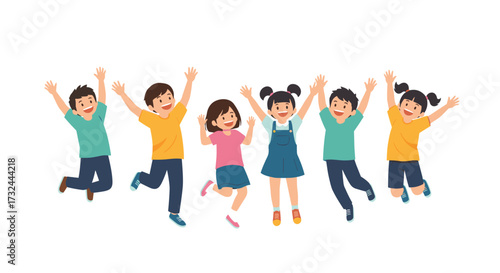 Happy Diverse Children Jumping Together In The Air.