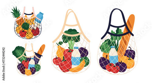Reusable grocery bags filled with fresh fruits and vegetables.