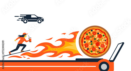 Fast Pizza Delivery Service with Speeding Car and Drinks.