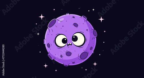 Cute Purple Cartoon Planet Character with Big Eyes in Space.