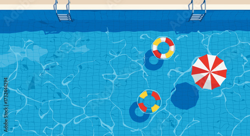 Swimming Pool With Lifebuoys And Umbrella Top View.