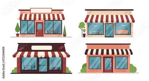 Collection of Four Diverse Storefronts with Awnings and Windows.