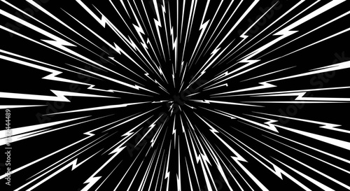 Explosion of white lightning bolts on a black background.