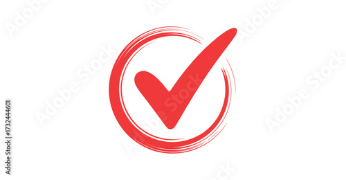 Bold red check mark inside circular brushstroke on white background, symbolizing approval, correctness, validation, and task completion