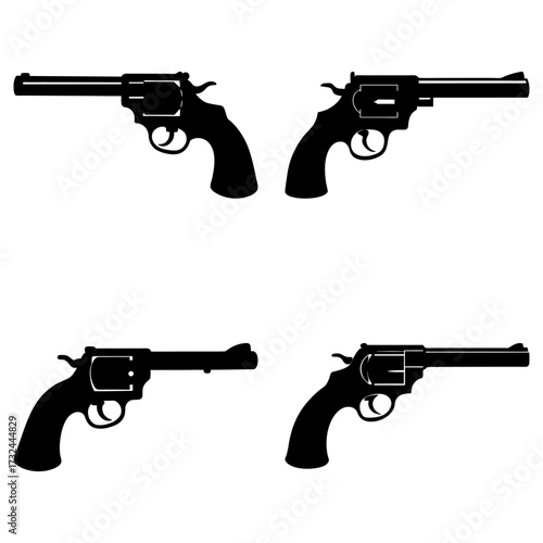 Silhouette illustration featuring four revolvers in various orientations on a white background