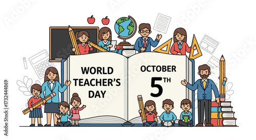 Happy Teacher's Day with A group of teachers from various fields gathers in teacher's day. Flat vector illustration