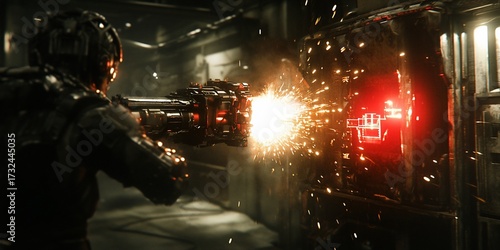 Soldier fires weapon, destroying wall, futuristic setting