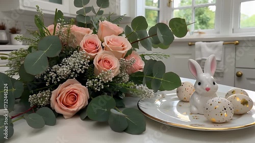 Seasonal Floral Arrangement Comprising Roses Mimosa and Eucalyptus Accompanied by Themed Decorations and Embellished Items on Tabletop with Light-Colored Culinary Space in the Background Creating Fes