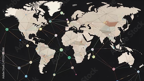 creative abstract background for global business or digital technology concepts featuring graphic world map made with geometric pattern of dots connected by lines